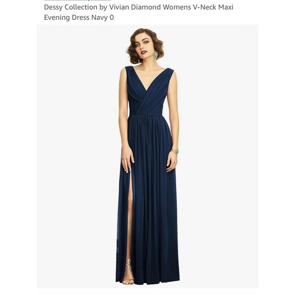 NWT Dessy Collection Blue Pleated V-Neck Gown - Picture 1 of 16